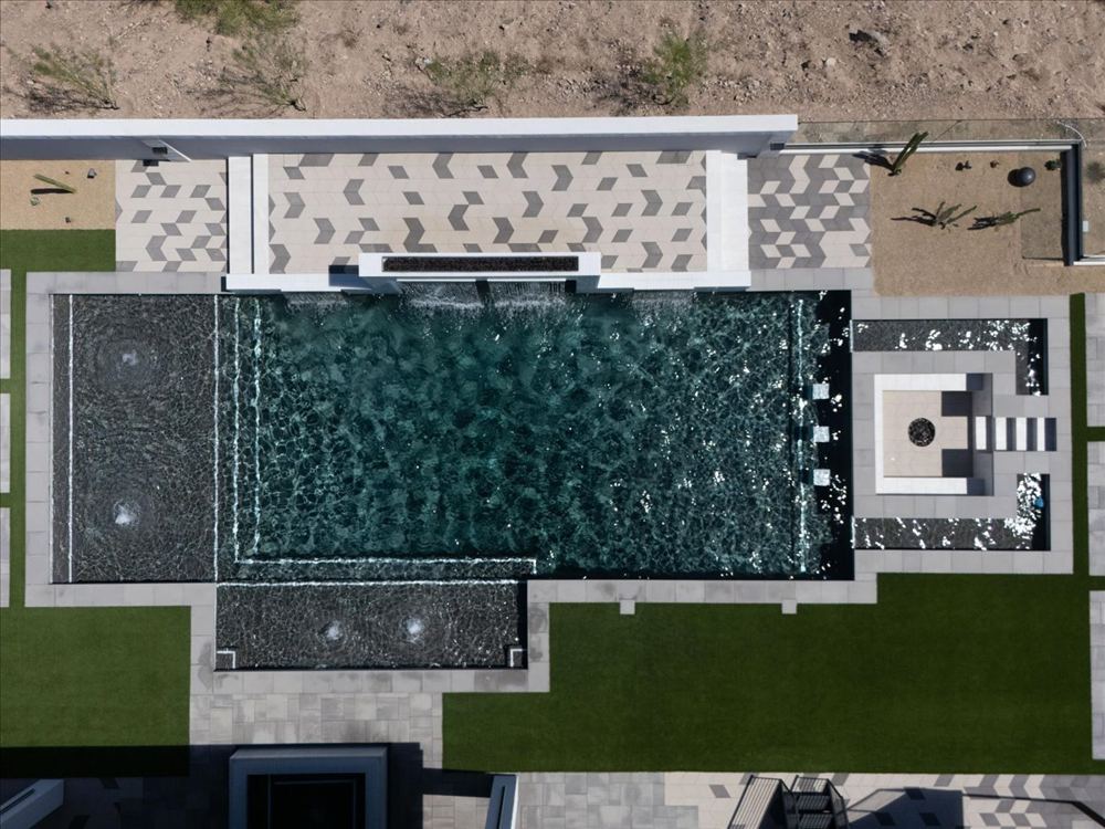 Overhead view of the pool and spa