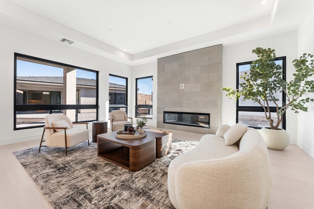 Living room with a linear fireplace