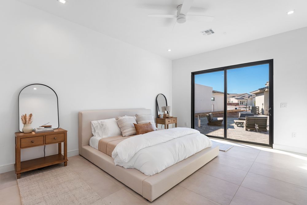 Casita bedroom with a sliding door to the patio