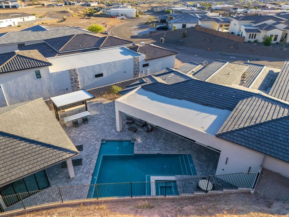 Aerial view over the pool and outdoor kitchen